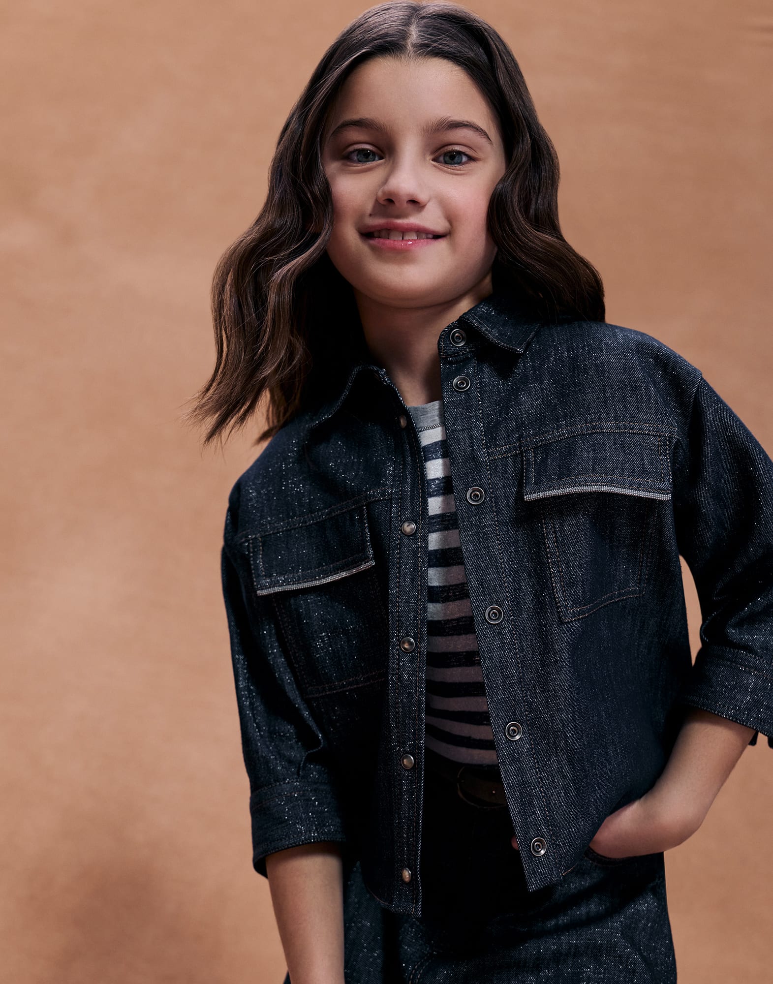 Camisa de denim con Monile Denim Oscuro Ni&ntilde;a - Brunello Cucinelli