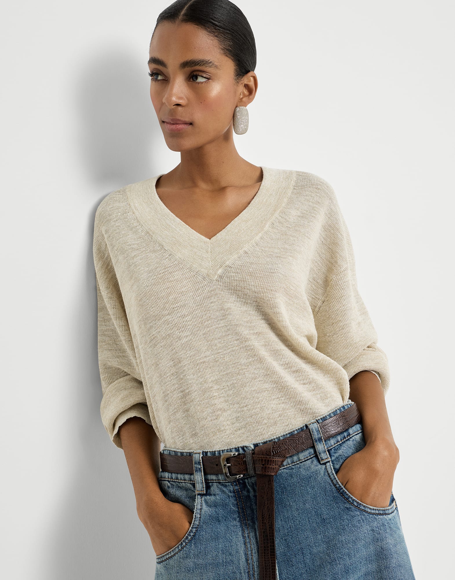 Linen sweater for Woman in Khaki | Brunello Cucinelli