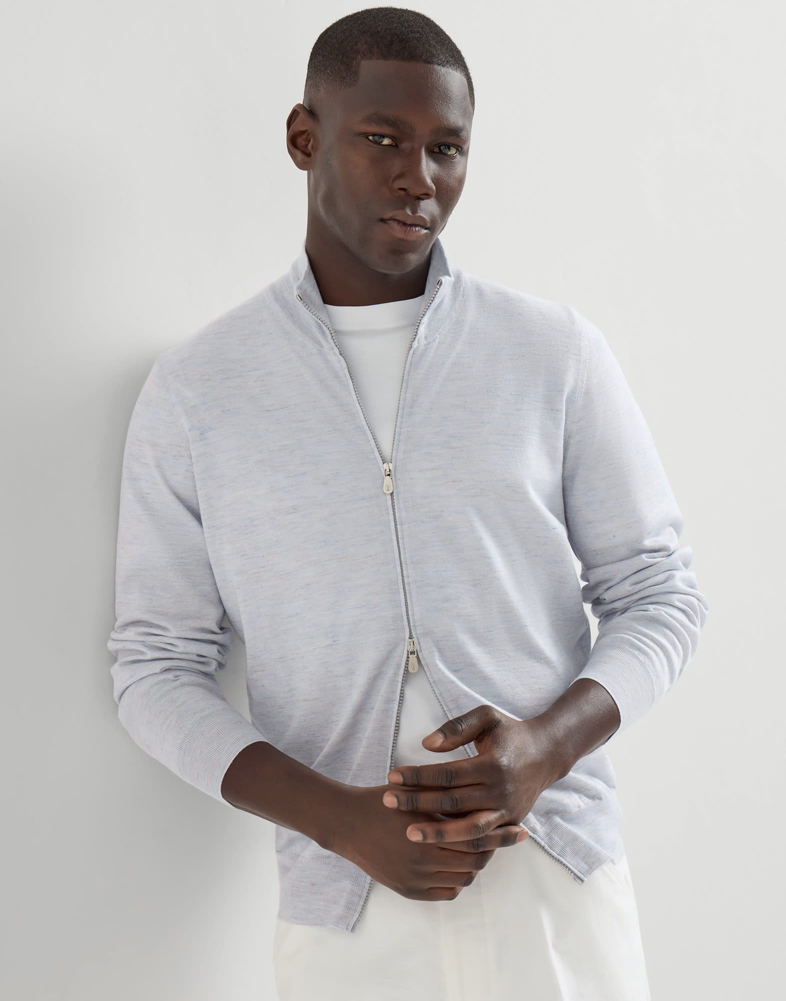 Cashmere and silk cardigan for Man in Pale Blue | Brunello Cucinelli