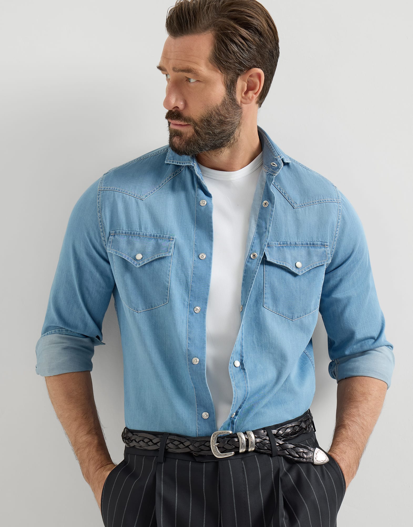 Shirt with snaps Light Blue Denim Man - Brunello Cucinelli