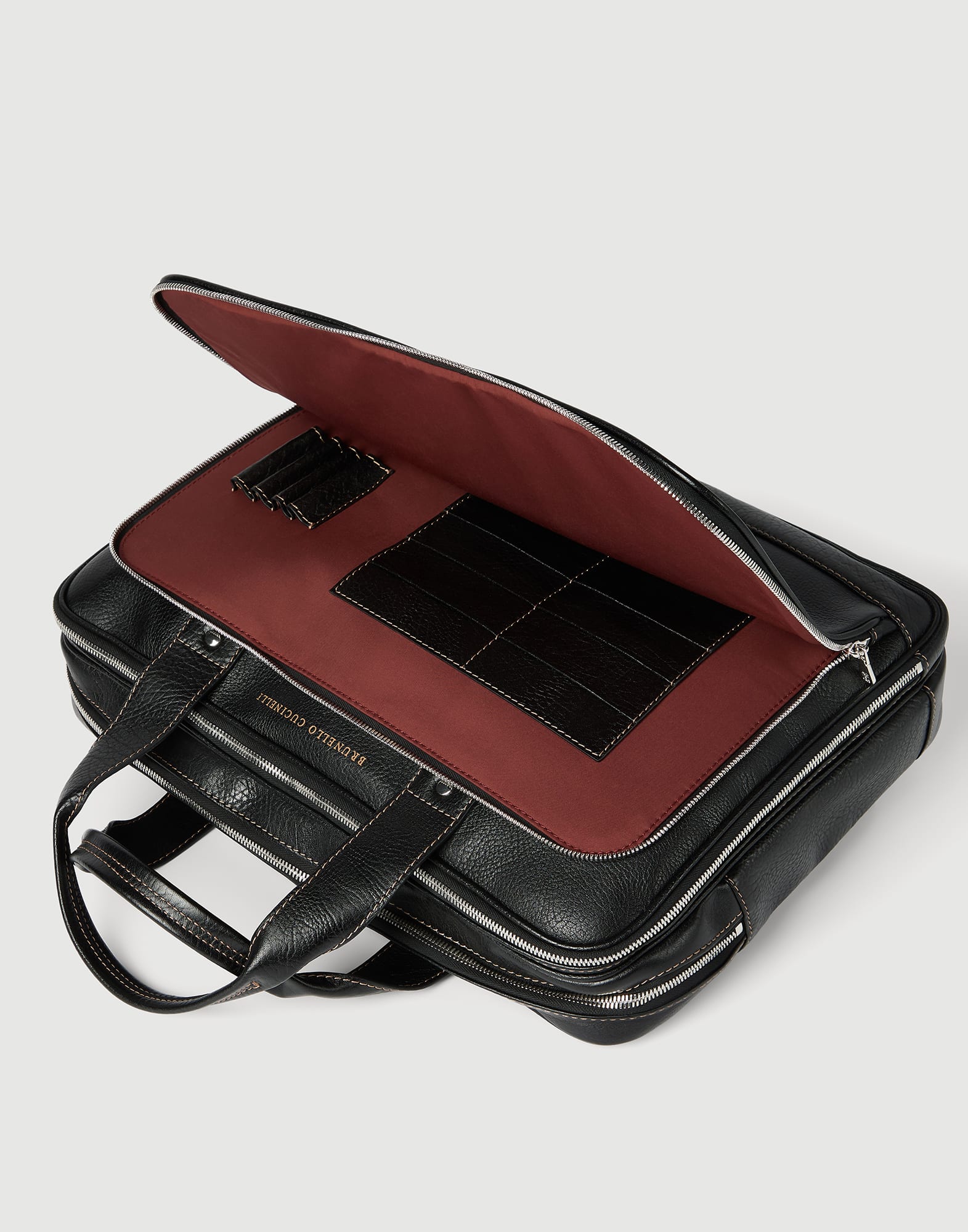 Grained calfskin briefcase with zipper for Man in Black | Brunello