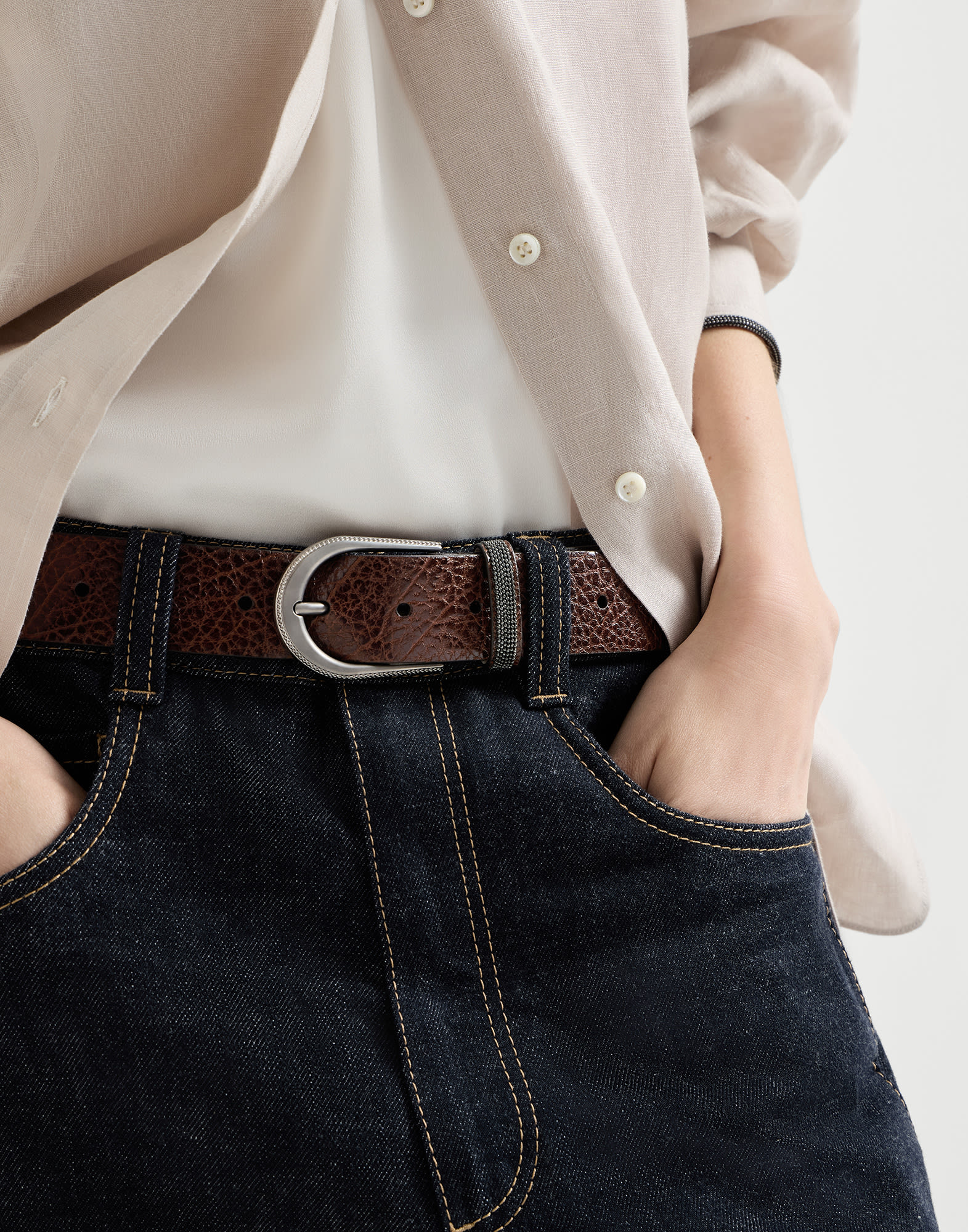 Calfskin belt for Woman in Brown | Brunello Cucinelli display picture 2