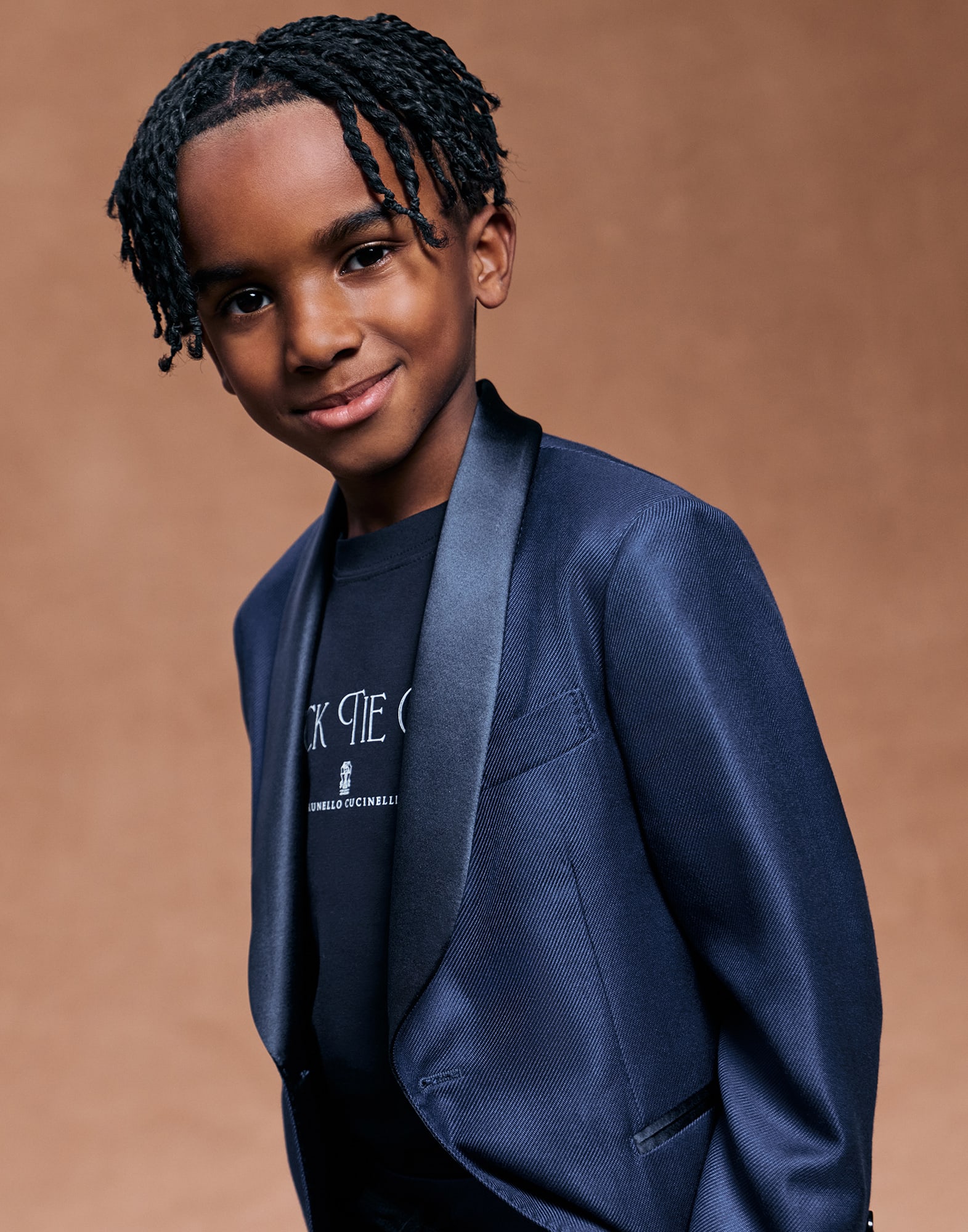 Silk diagonal tuxedo jacket for Boys in Royale Blue | Brunello