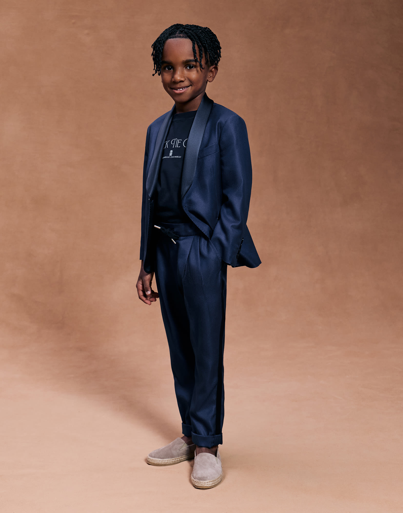 Silk diagonal tuxedo jacket for Boys in Royale Blue | Brunello