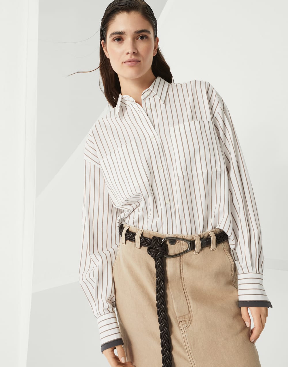 镶珠装饰的衬衫 烟草色 女款 - Brunello Cucinelli