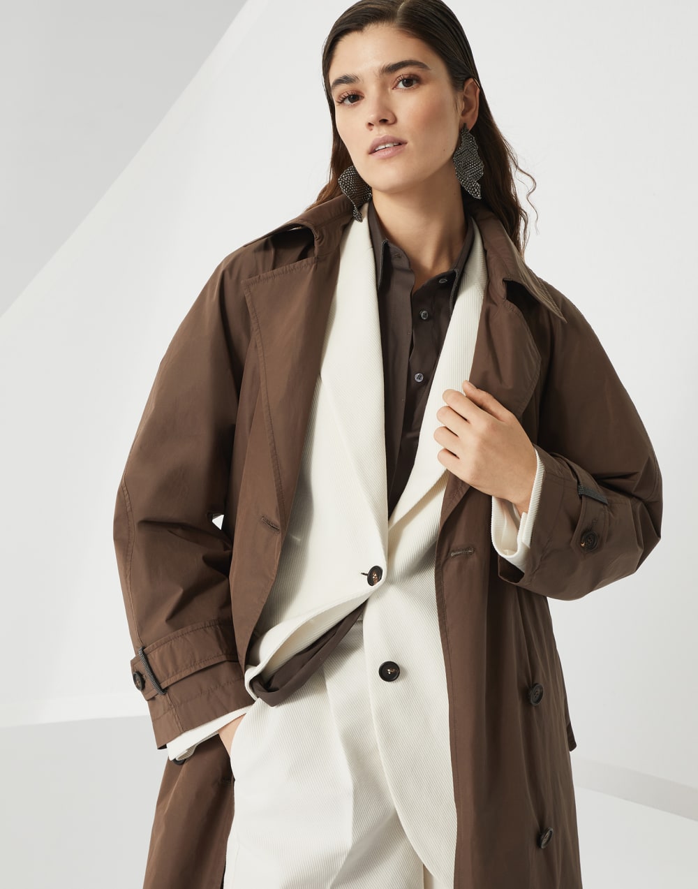 Trench coat with monili Cocoa Woman - Brunello Cucinelli