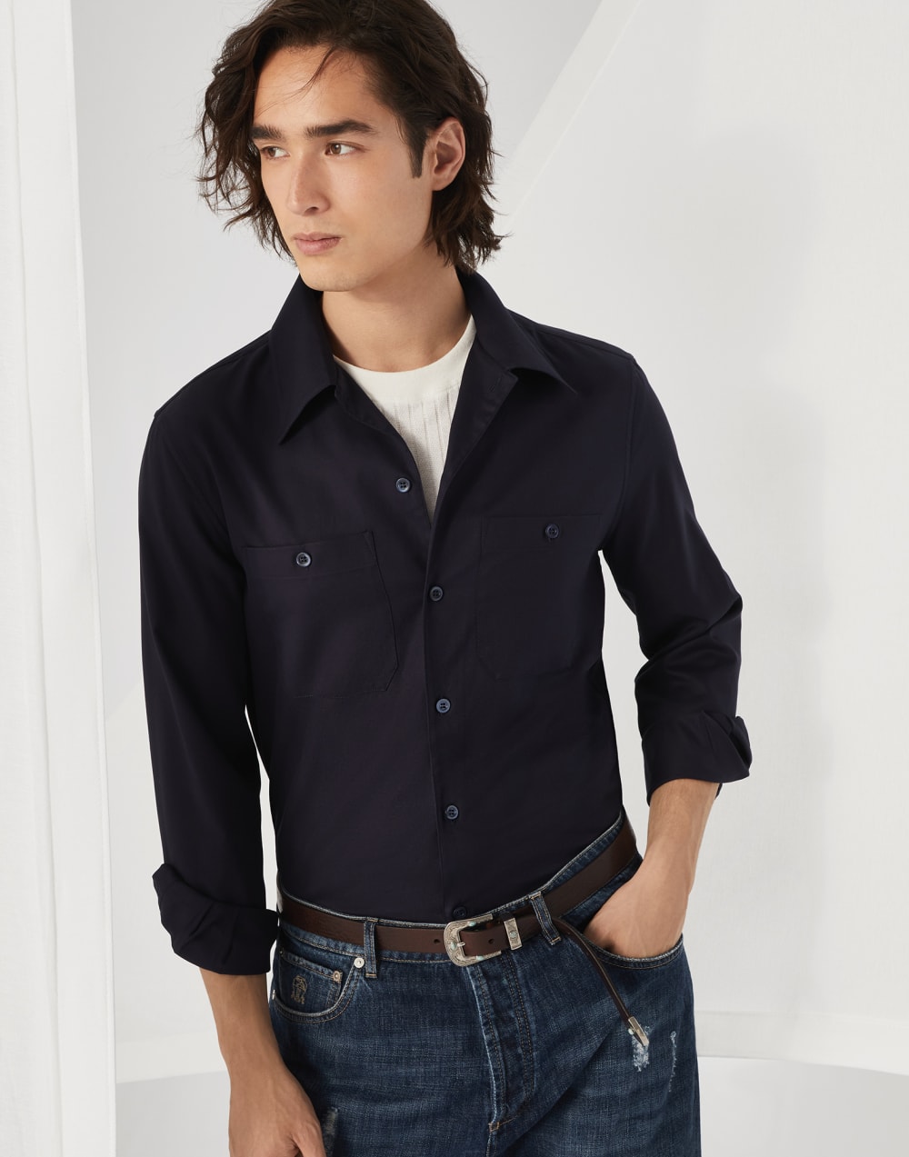 Camisa de sarga Azul Aviación Hombre - Brunello Cucinelli