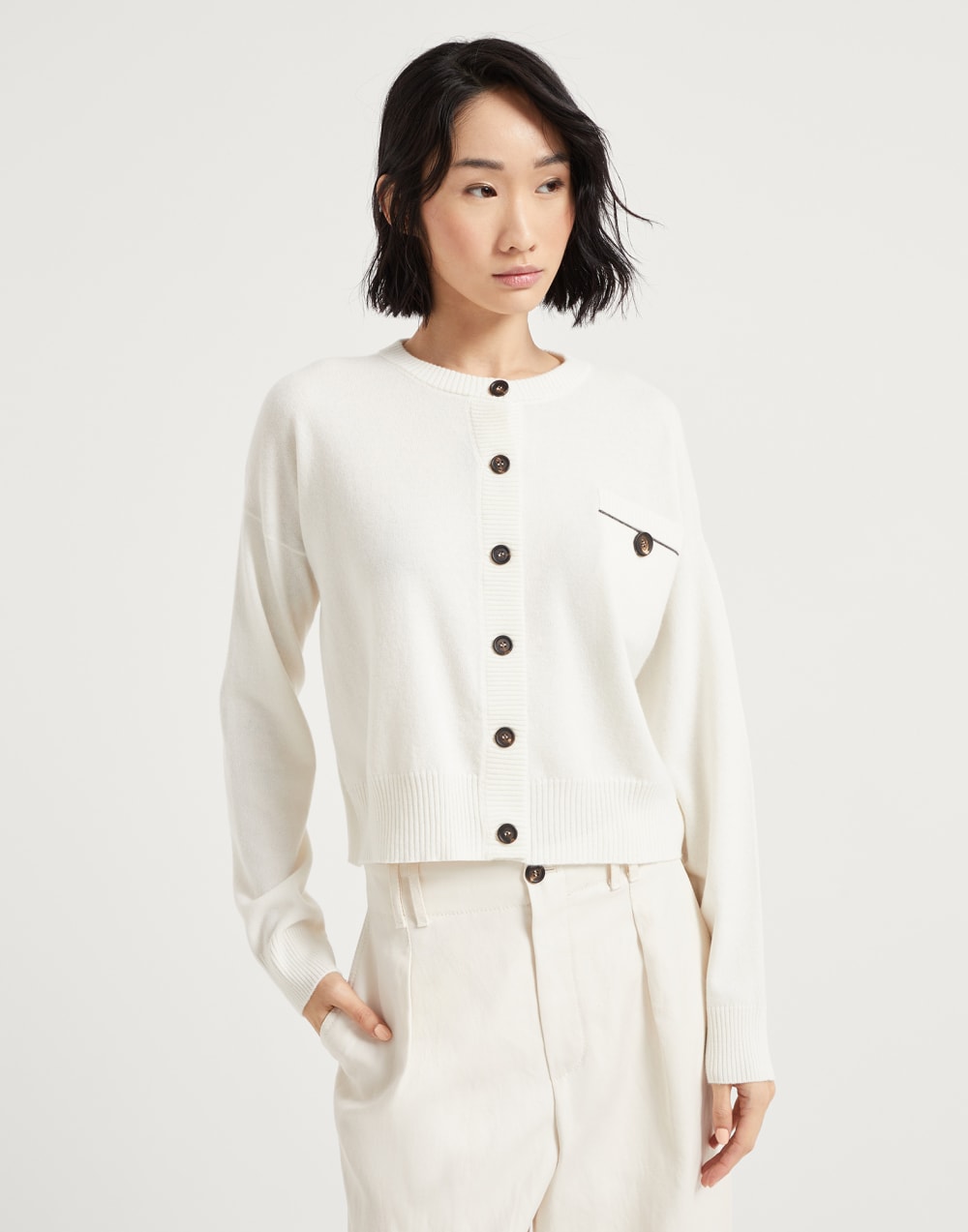 带镶珠装饰的对襟衫 巴拿马色 女款 - Brunello Cucinelli