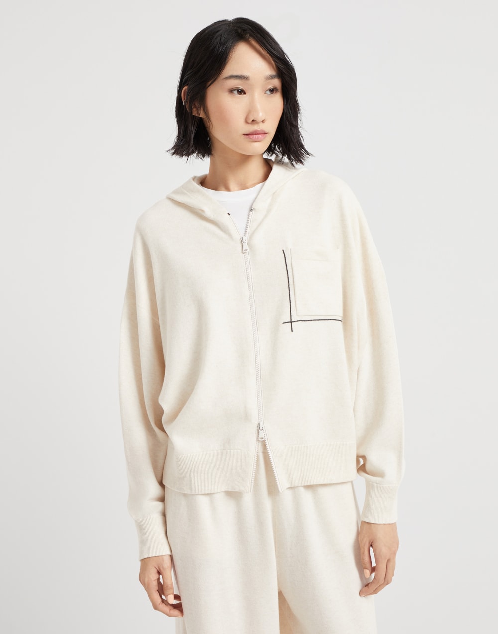 带镶珠装饰的对襟衫 燕麦色 女款 - Brunello Cucinelli