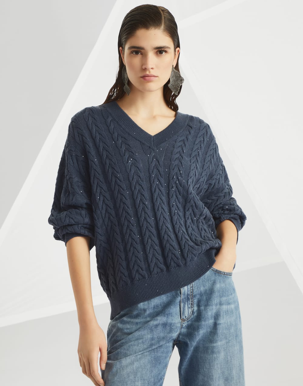 Dazzling Cable sweater Blue Woman - Brunello Cucinelli