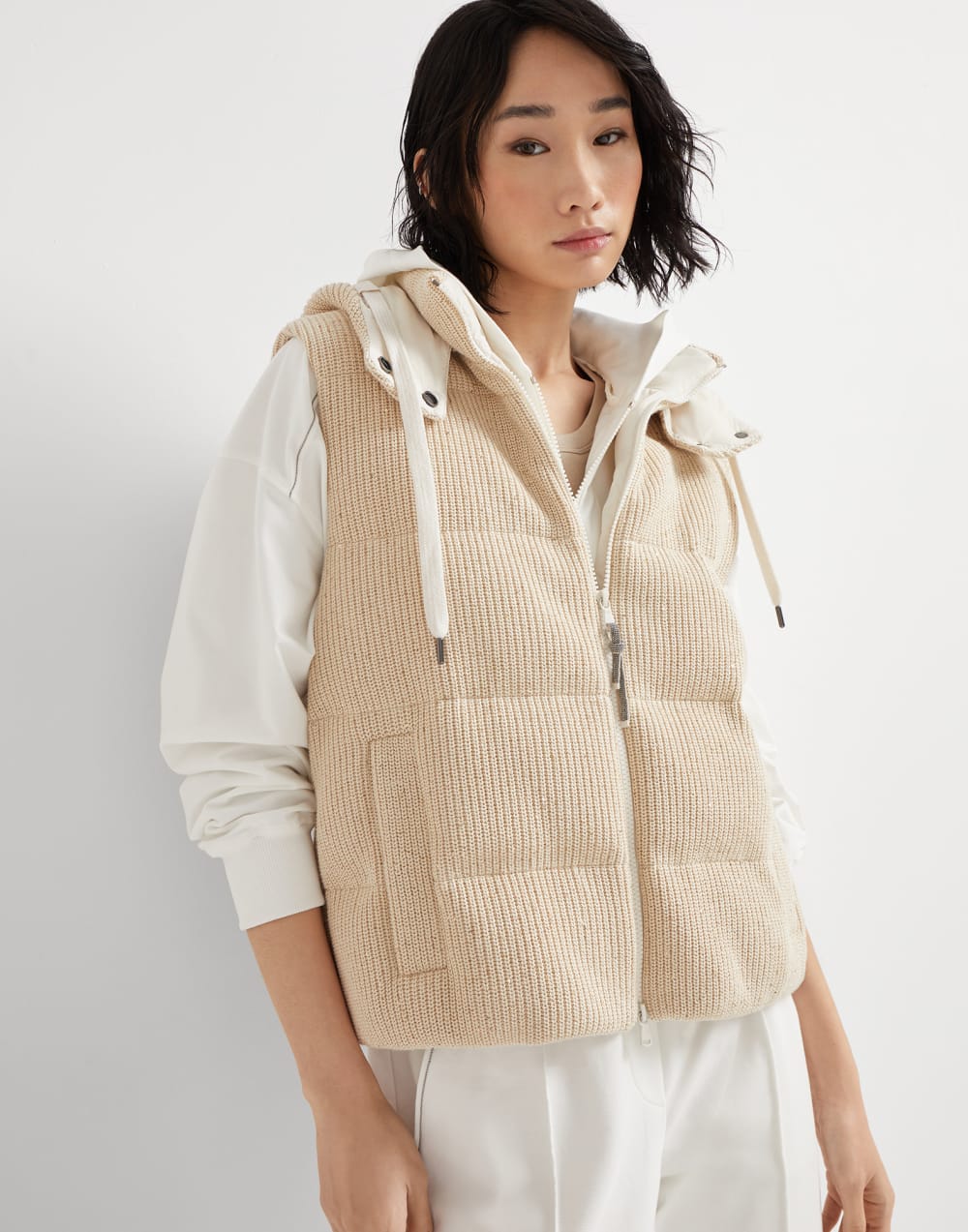 针织羽绒马甲 奶油色 女款 - Brunello Cucinelli