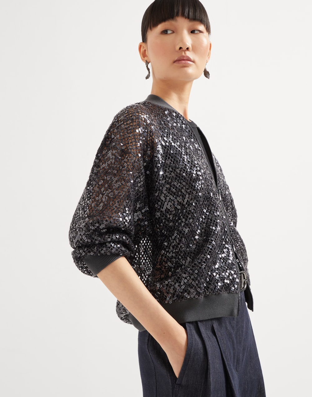 Dazzling Net Embroidery cardigan Dark Grey Woman - Brunello Cucinelli
