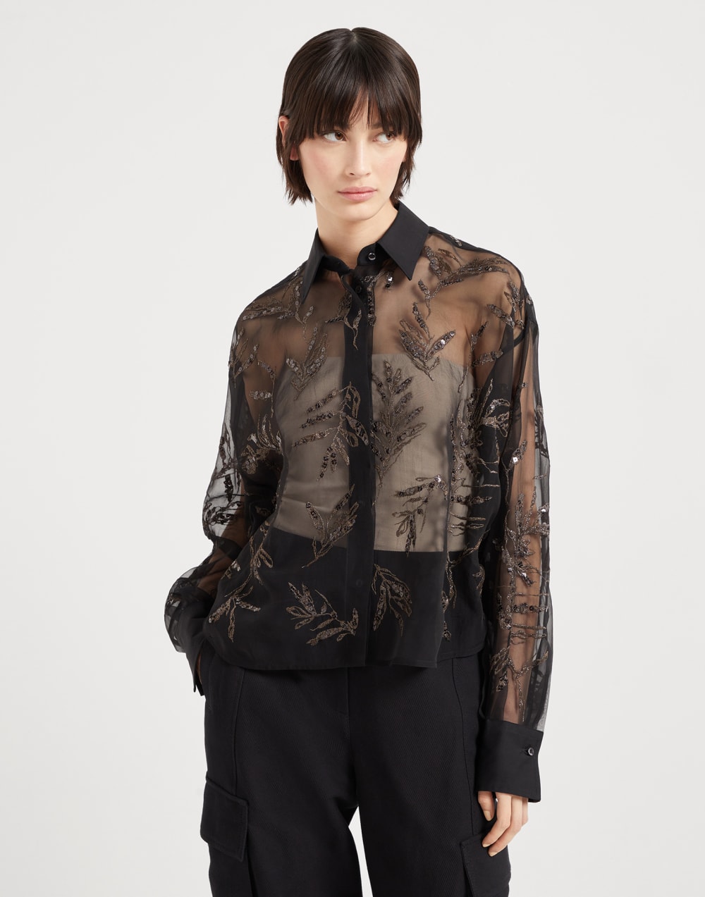 花卉刺绣衬衫 黑色 女款 - Brunello Cucinelli