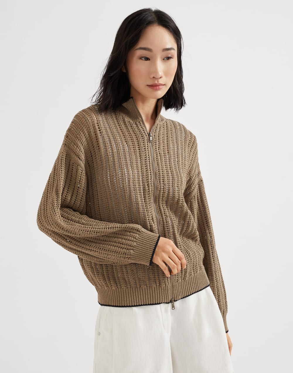罗纹镂空开衫 浅胡桃木色 女款 - Brunello Cucinelli