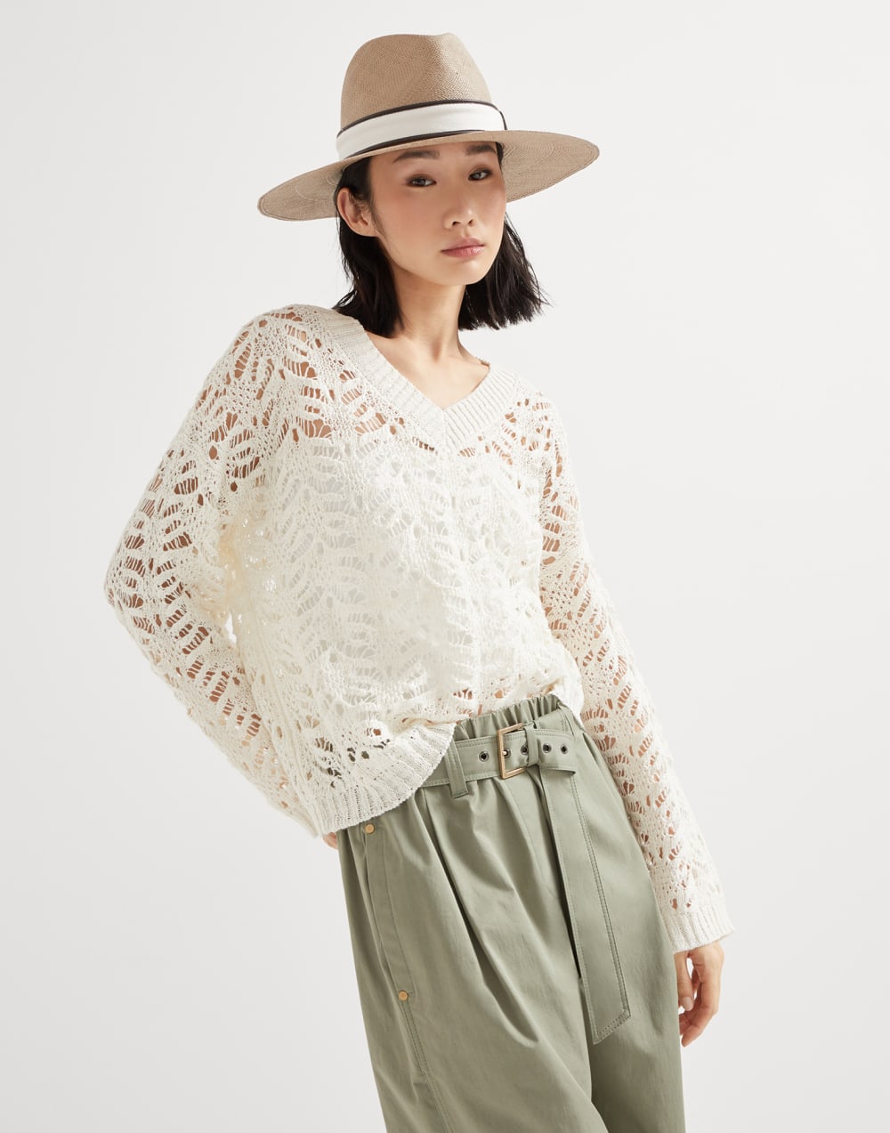 叶片形蕾丝针织衫 白色 女款 - Brunello Cucinelli
