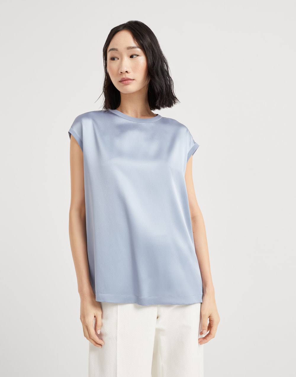 缎面T恤衫 天蓝色 女款 - Brunello Cucinelli