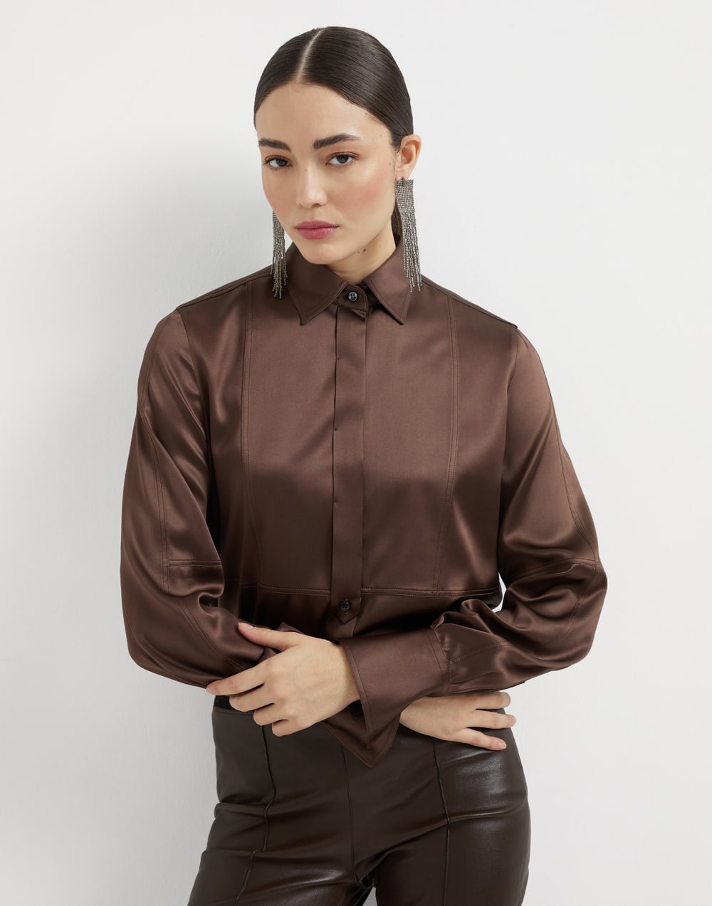 缎面衬衫 可可色 女款 - Brunello Cucinelli