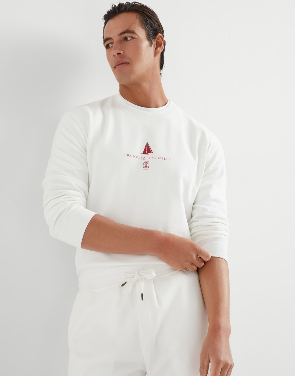 Толстовка из хлопкового футера Белый с Сероватым Оттенком Мужчина - Brunello Cucinelli