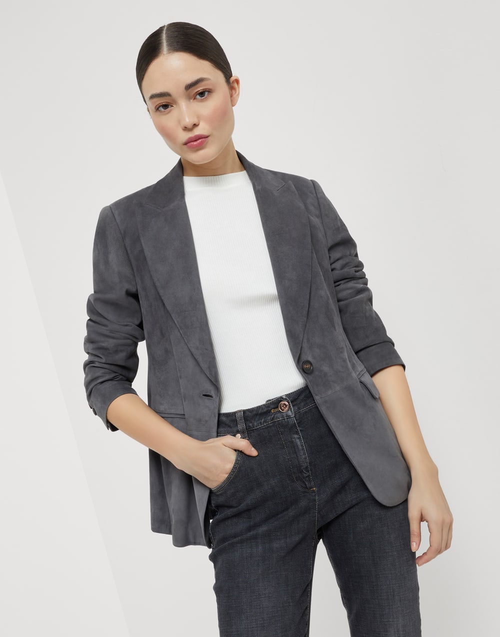 绒面革西装外套 钢灰色 女款 - Brunello Cucinelli