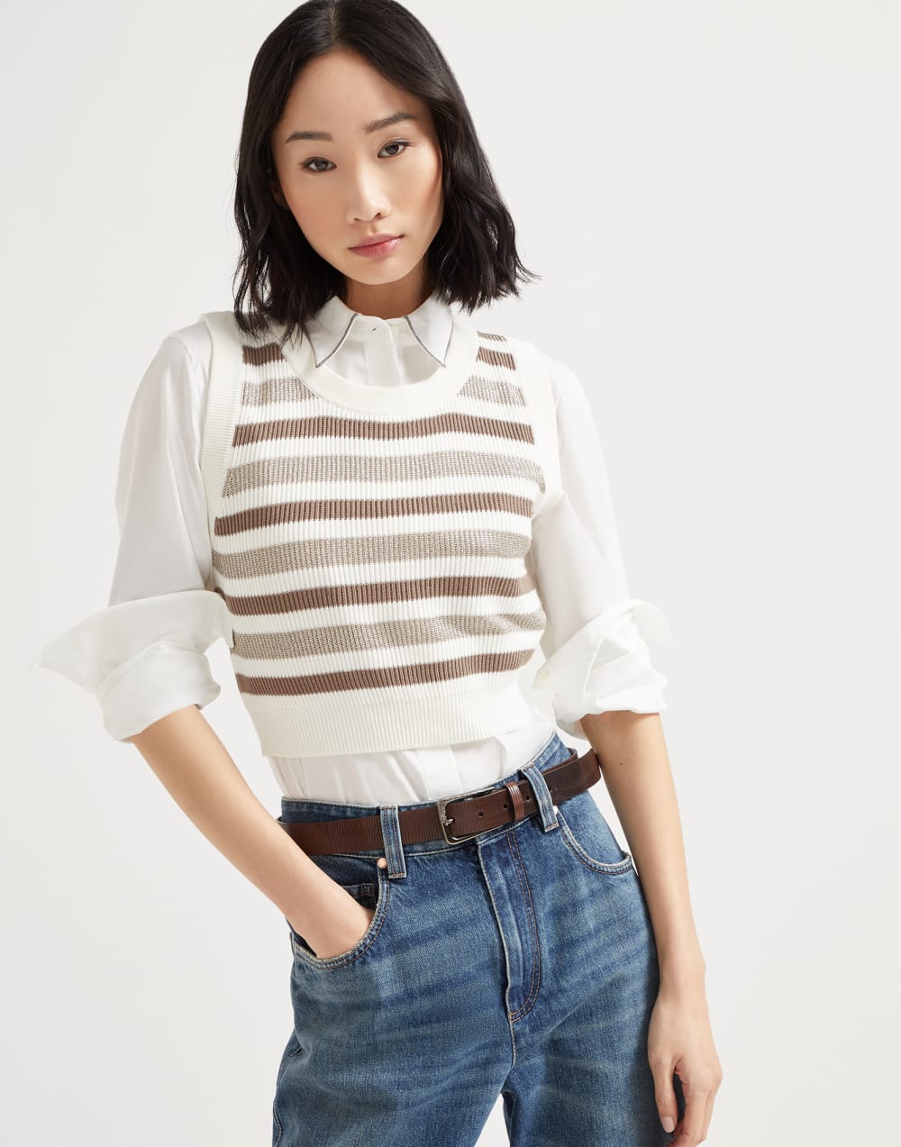 Knit top with monili Beige Woman - Brunello Cucinelli