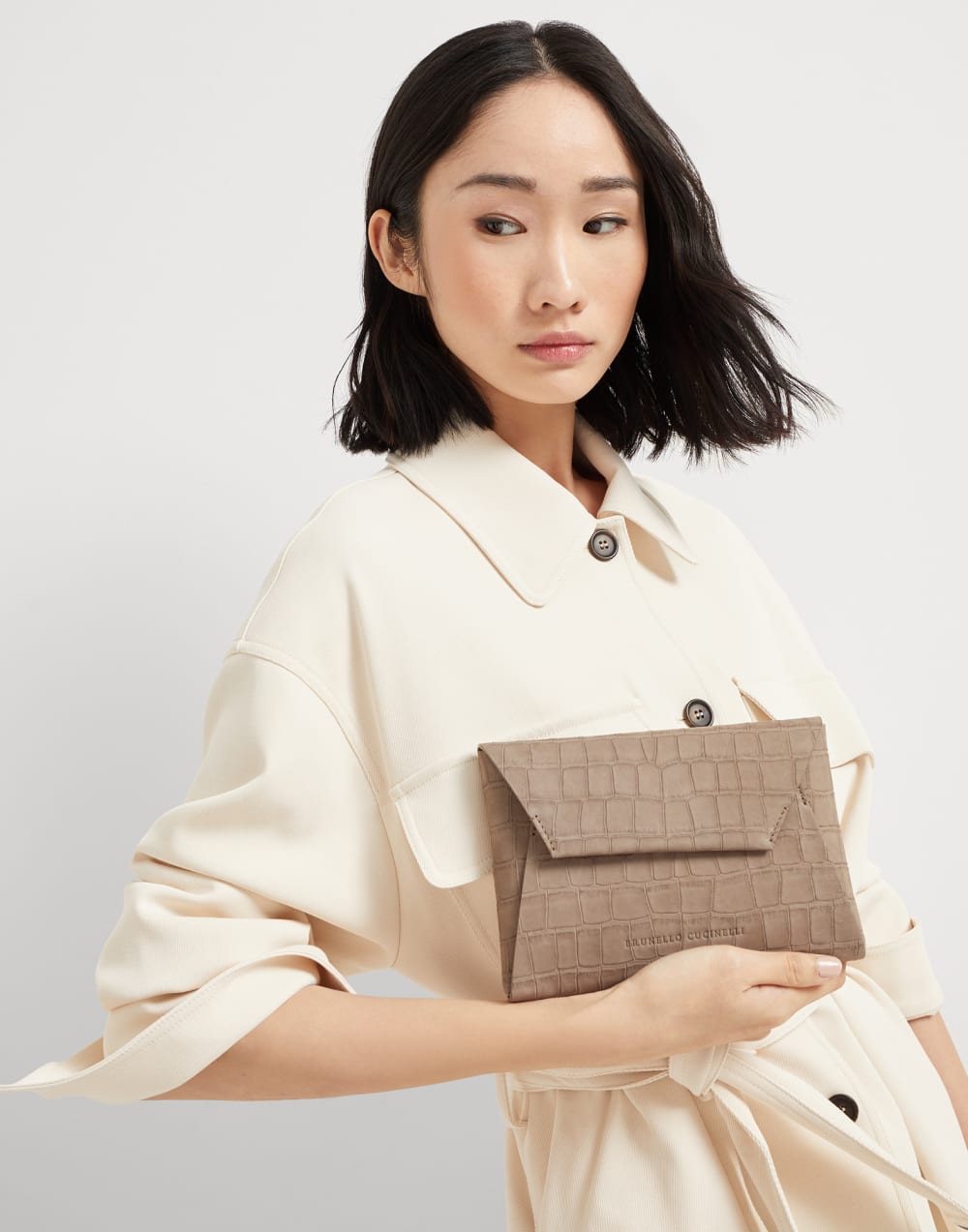 BC Duo 鳄鱼纹印花手拿包 浅棕色 女款 - Brunello Cucinelli