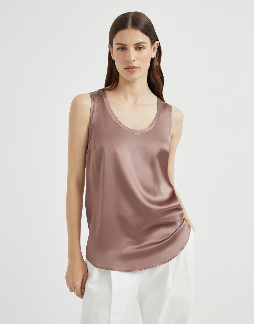 缎面无袖上衣 巧克力色 女款 - Brunello Cucinelli