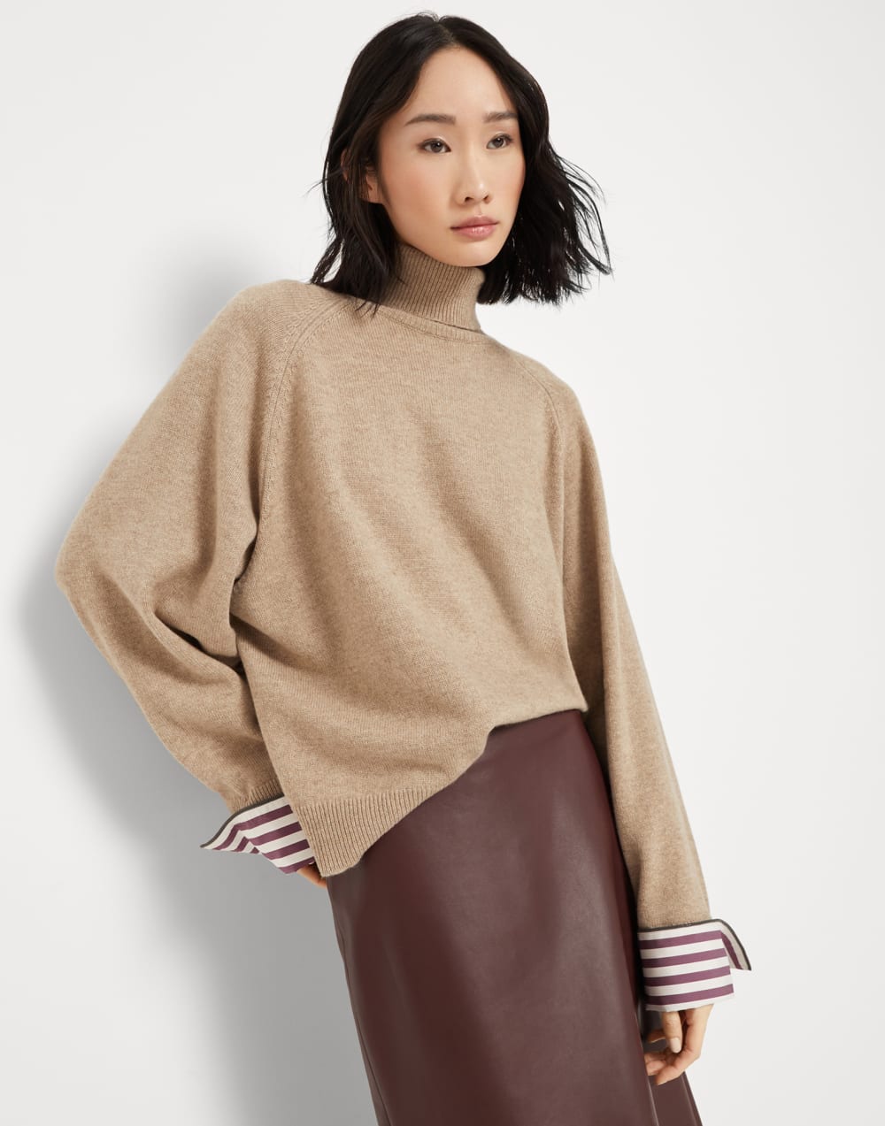 镶珠装饰高领针织衫 浅棕色 女款 - Brunello Cucinelli