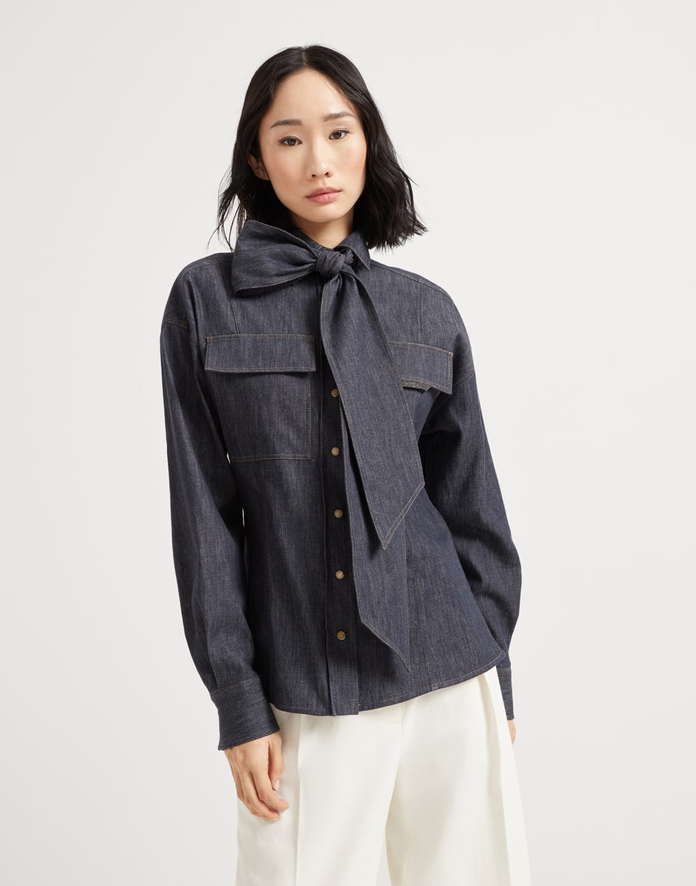Pussybow shirt with monili Dark Denim Woman - Brunello Cucinelli