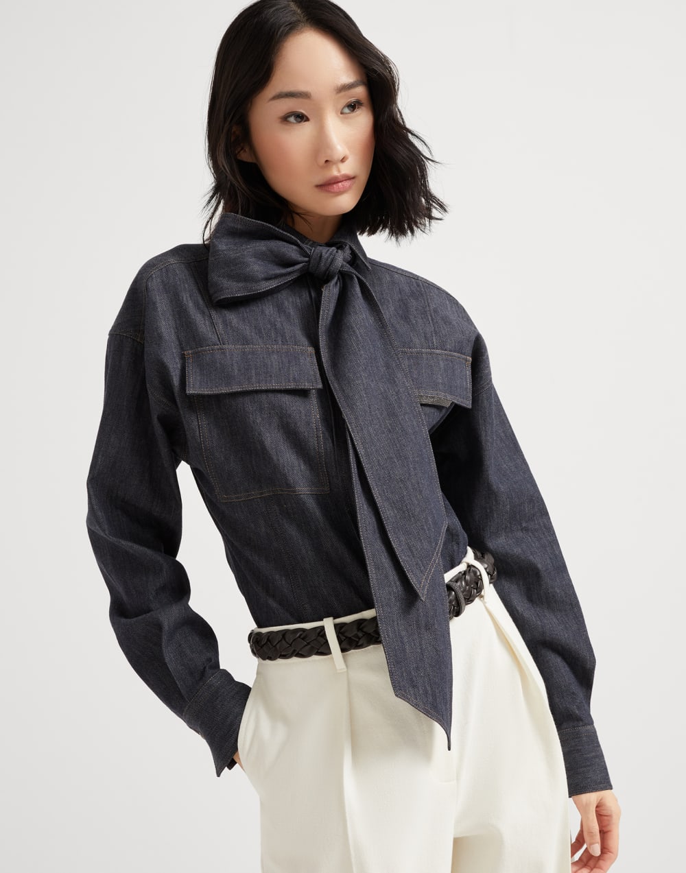 Pussybow shirt with monili Dark Denim Woman - Brunello Cucinelli