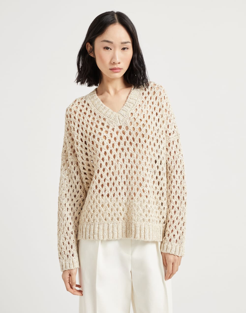 闪耀网眼针织衫 燕麦色 女款 - Brunello Cucinelli