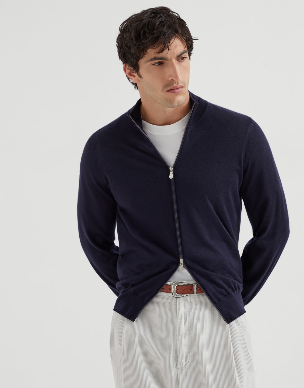 丝绒混纺对襟衫 海军蓝 男款 - Brunello Cucinelli