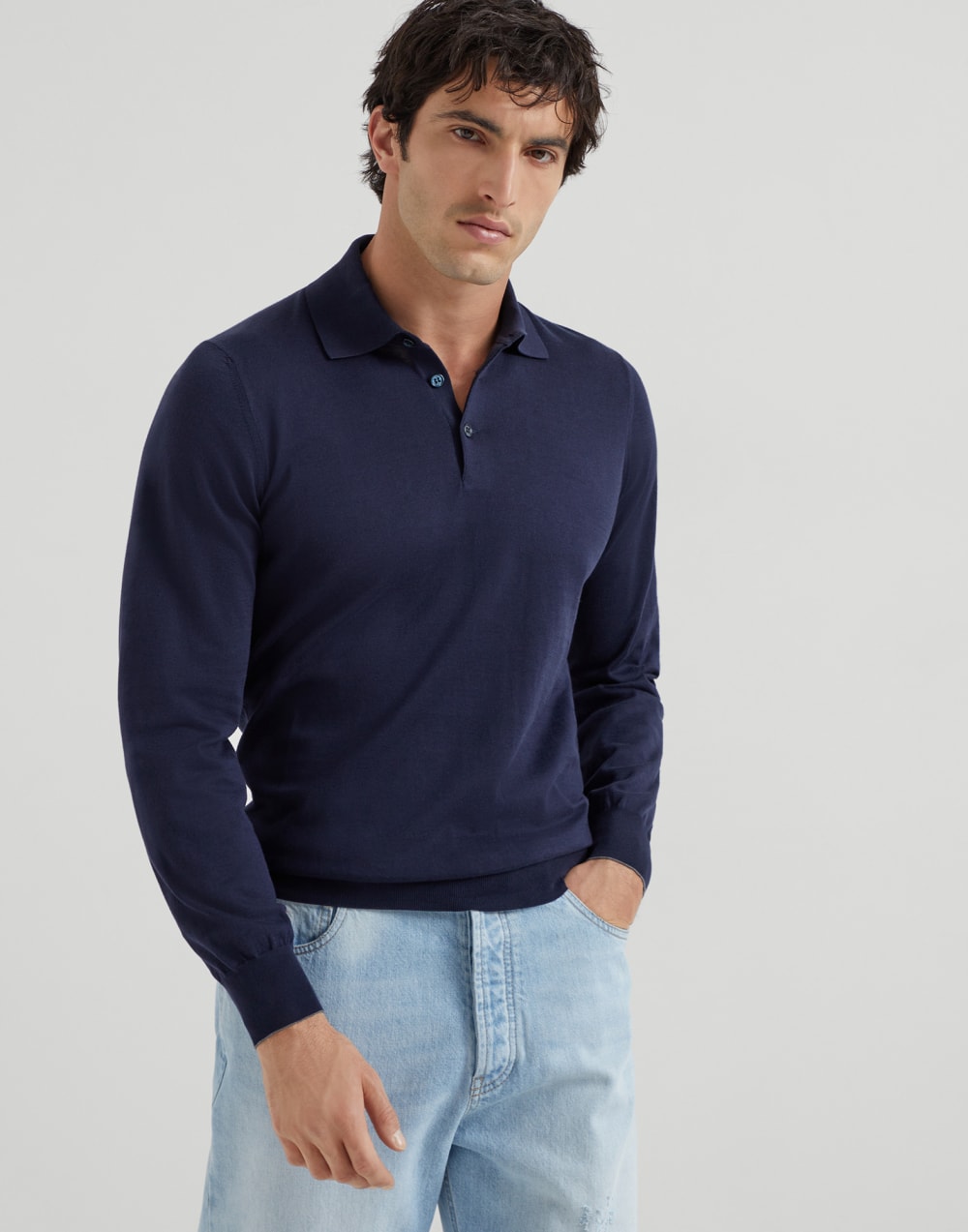 薄款针织马球衫 海军蓝 男款 - Brunello Cucinelli