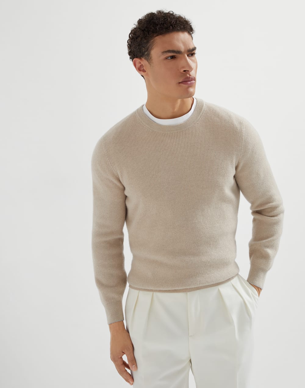 英式罗纹编织毛衣 砂黄 男款 - Brunello Cucinelli