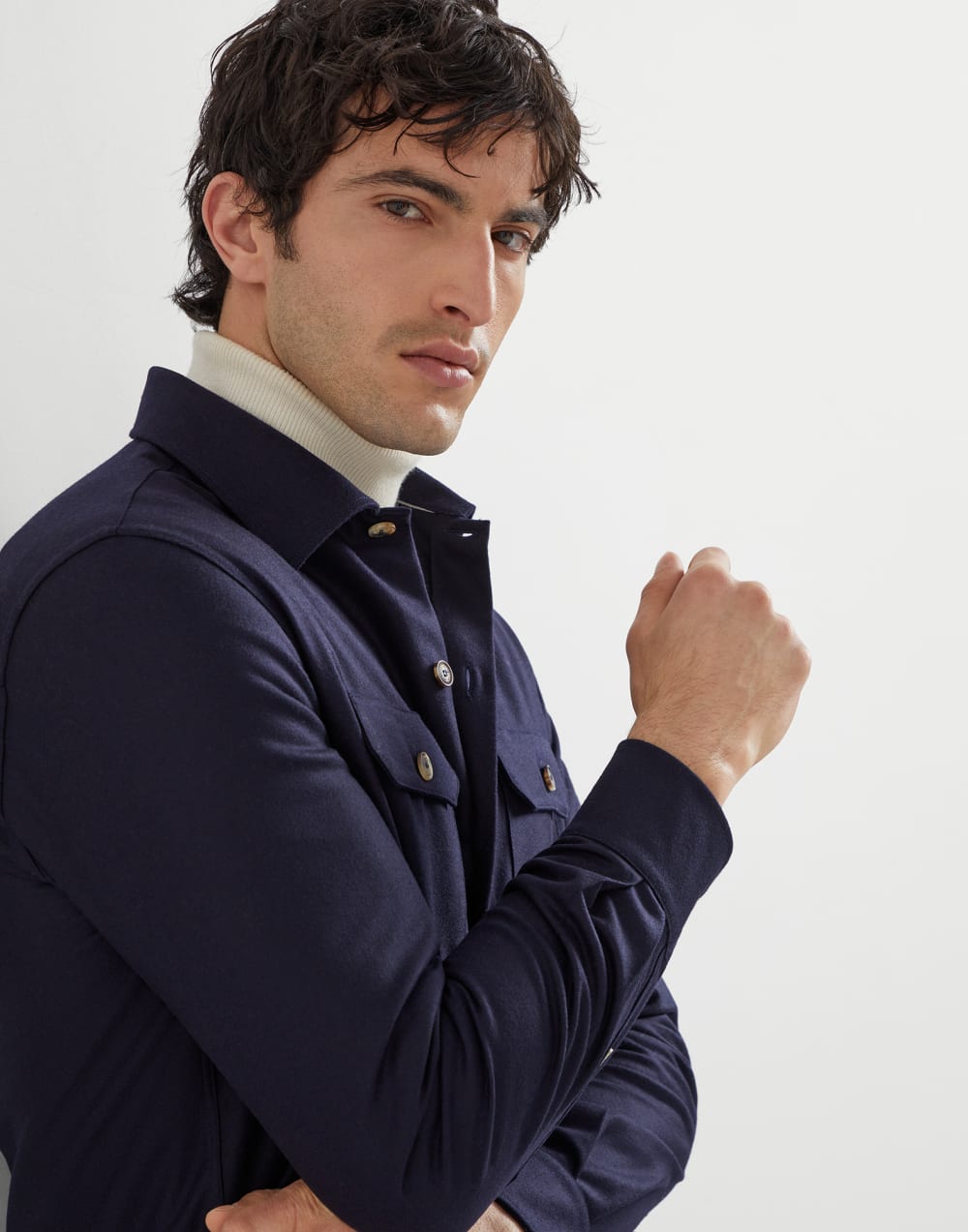 初剪羊毛法兰绒衬衫式外套 蓝色 男款 - Brunello Cucinelli