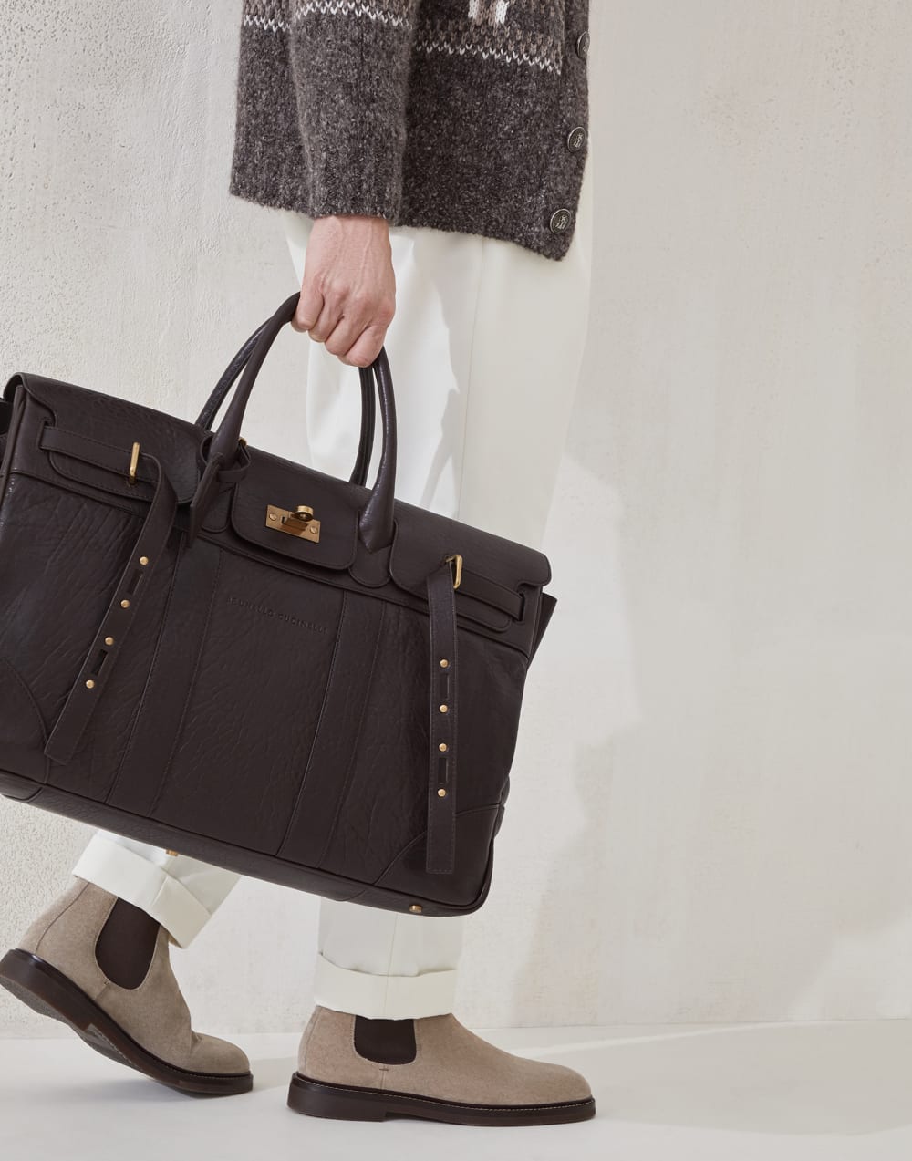 乡村风格皮革手提包 棕色 男款 - Brunello Cucinelli