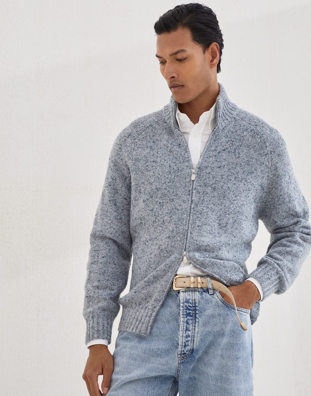 拉链对襟衫 很浅色的牛仔布 男款 - Brunello Cucinelli