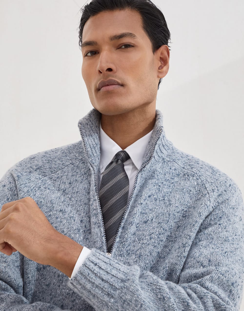 条纹丝绸领带 中灰 男款 - Brunello Cucinelli