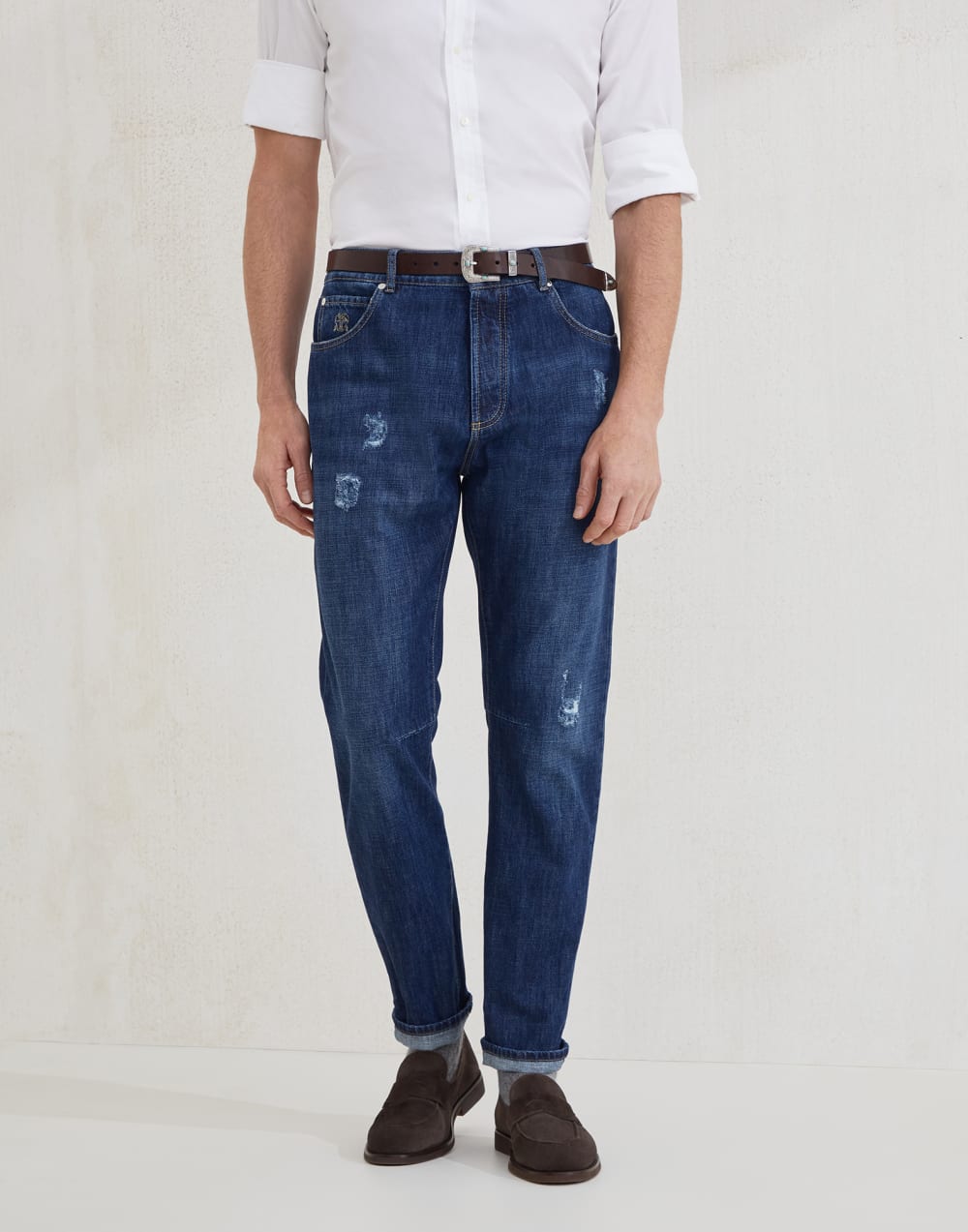 Leisure fit five-pocket trousers Dark Denim Man - Brunello Cucinelli