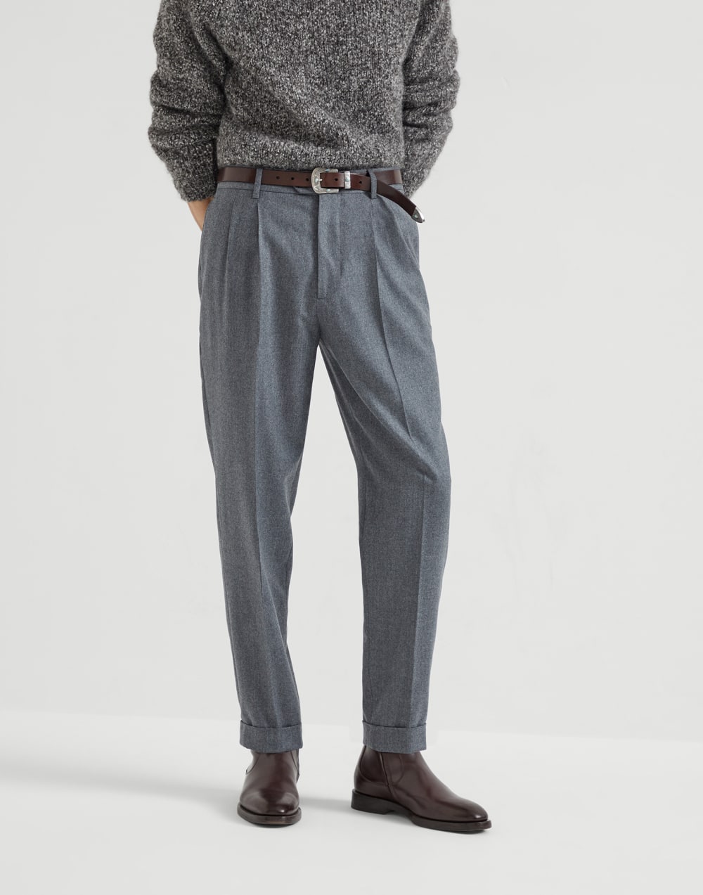 Leisure fit trousers with double pleats Medium Grey Man - Brunello Cucinelli