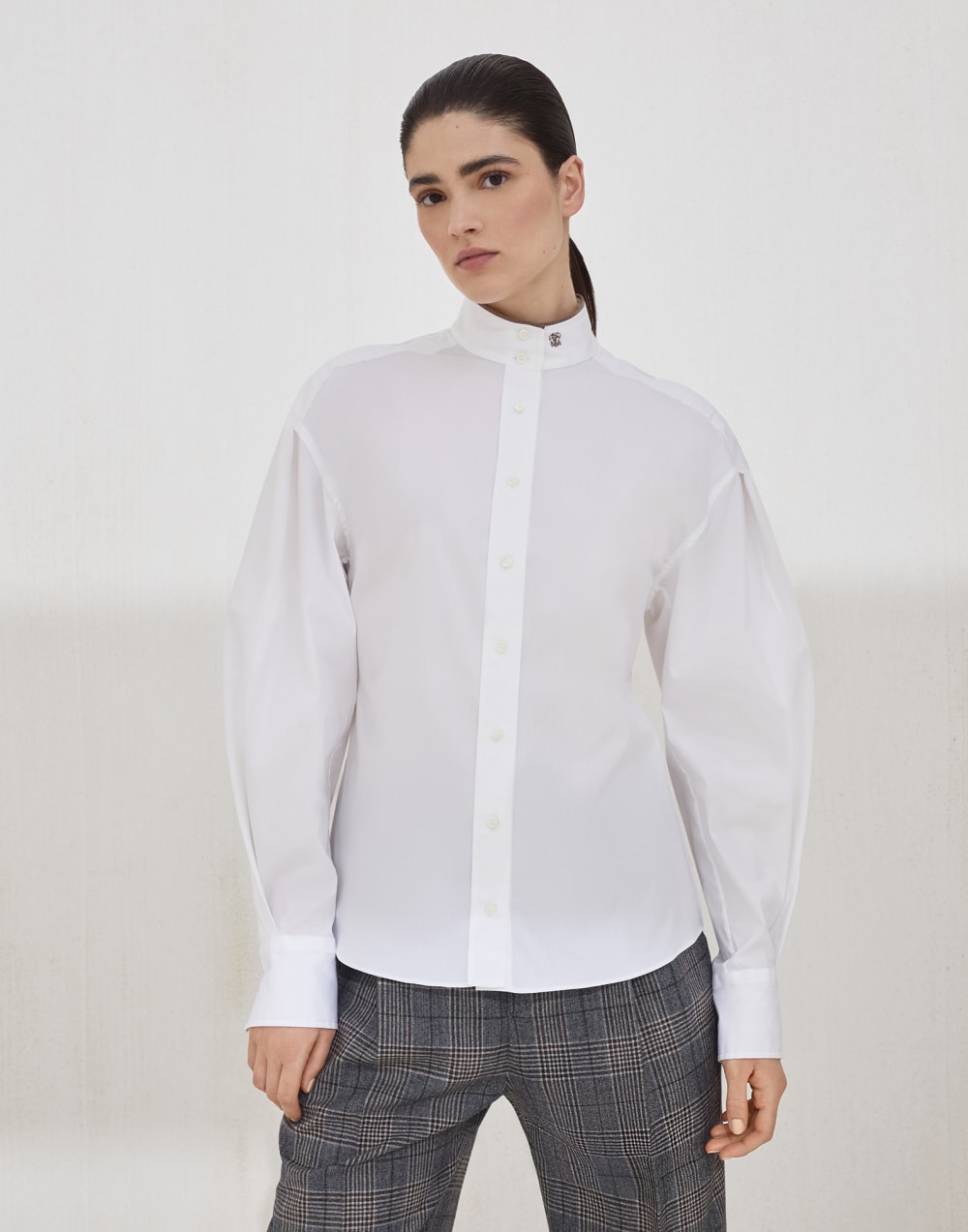 镶珠装饰弹力府绸衬衫 白色 女款 - Brunello Cucinelli