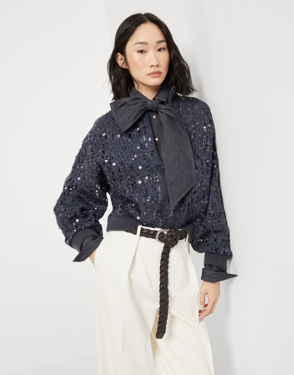 闪耀鳄鱼纹刺绣开衫 海军蓝 女款 - Brunello Cucinelli