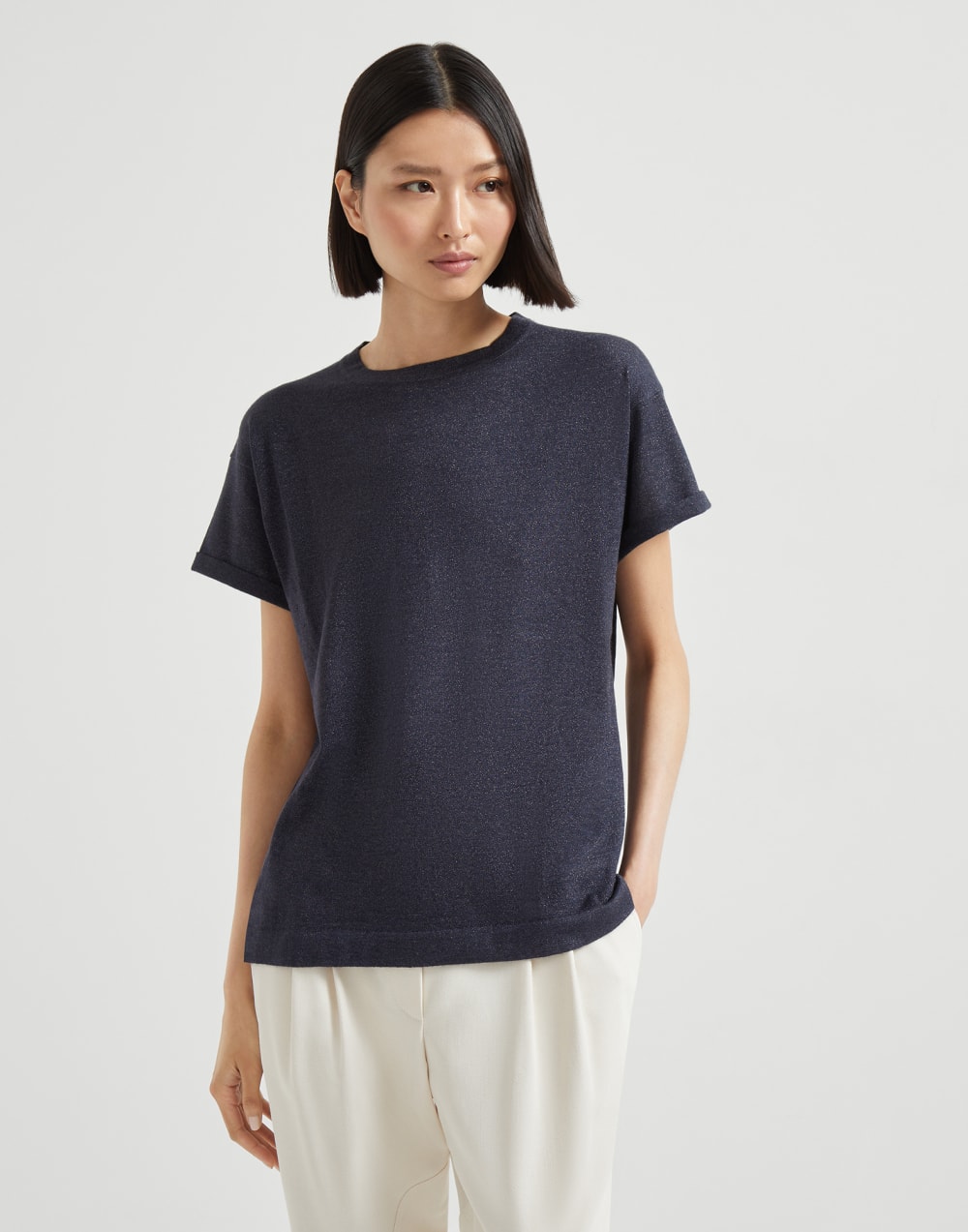 Pull léger en cachemire et soie Bleu Marine Femme - Brunello Cucinelli