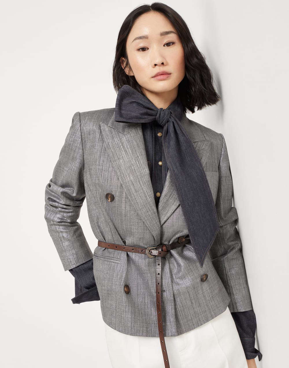 闪烁斜纹面料夹克 银色 女款 - Brunello Cucinelli