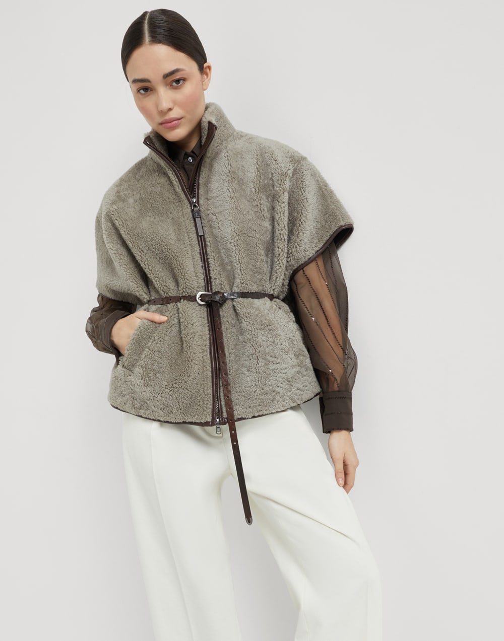 Curly shearling outerwear jacket Grey Woman - Brunello Cucinelli