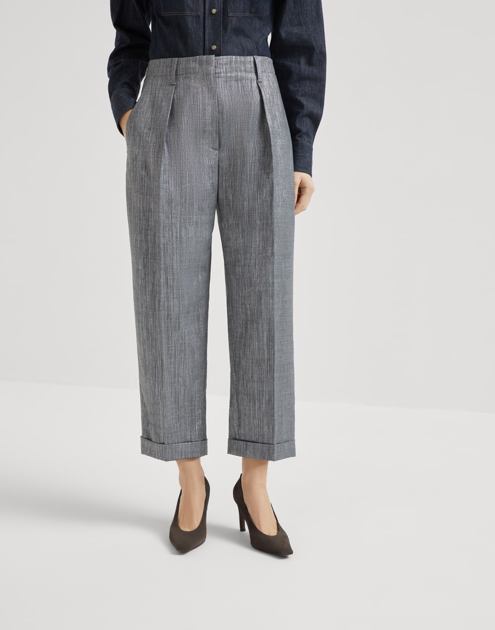 闪烁斜纹面料长裤 银色 女款 - Brunello Cucinelli