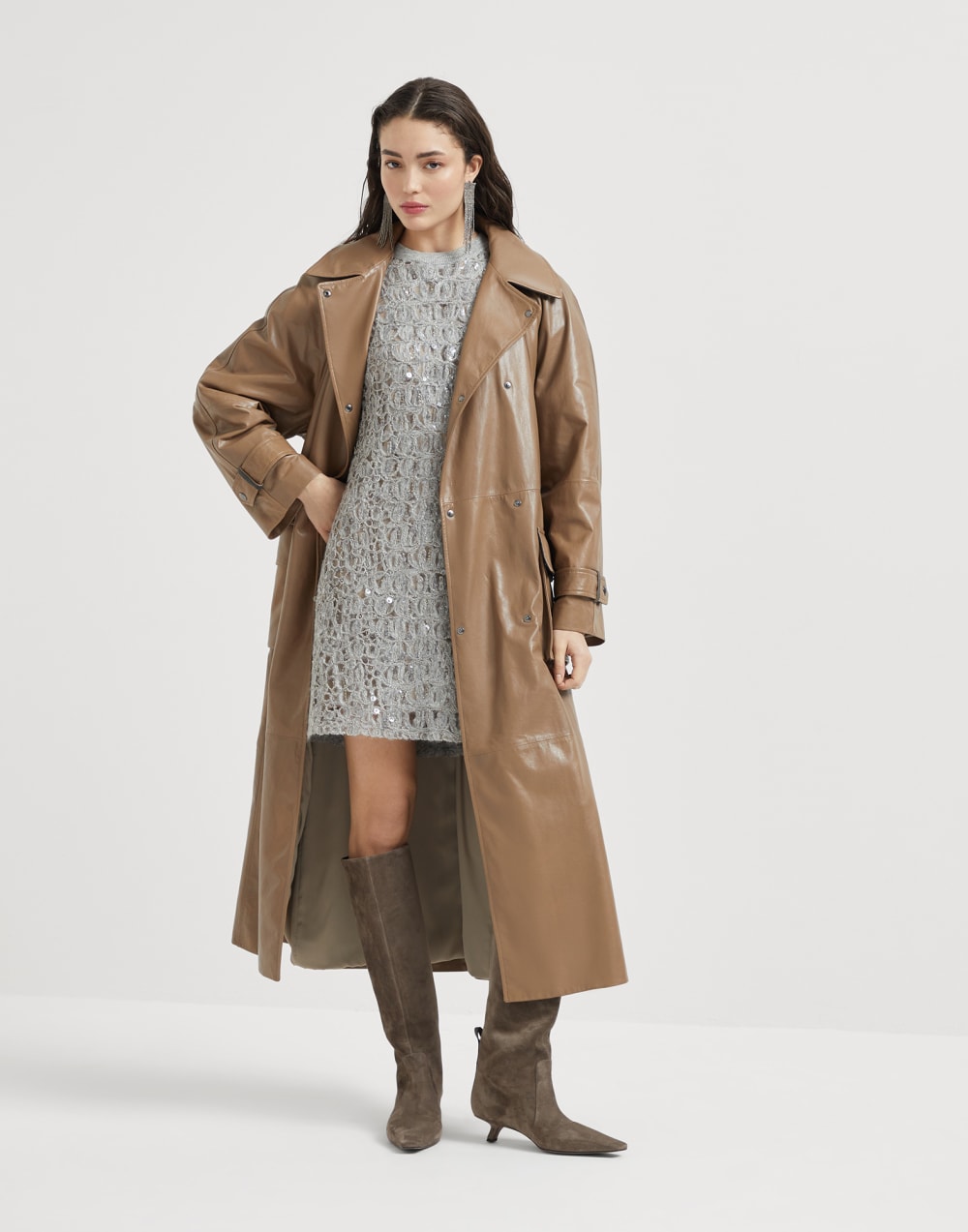 Polished nappa leather trench with monili Cognac Woman - Brunello Cucinelli