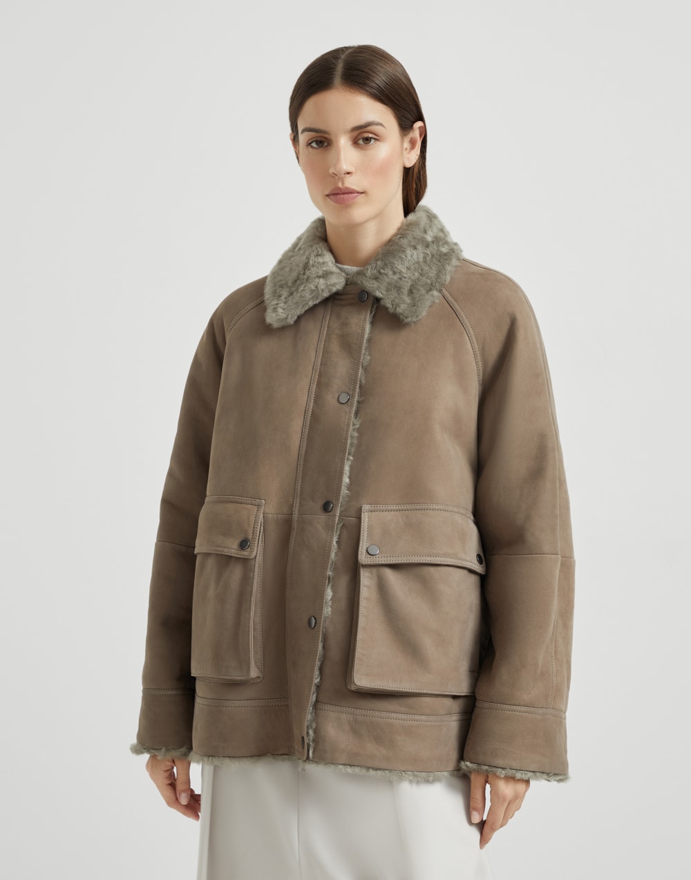 Fuzzy shearling outerwear jacket Light Brown Woman - Brunello Cucinelli