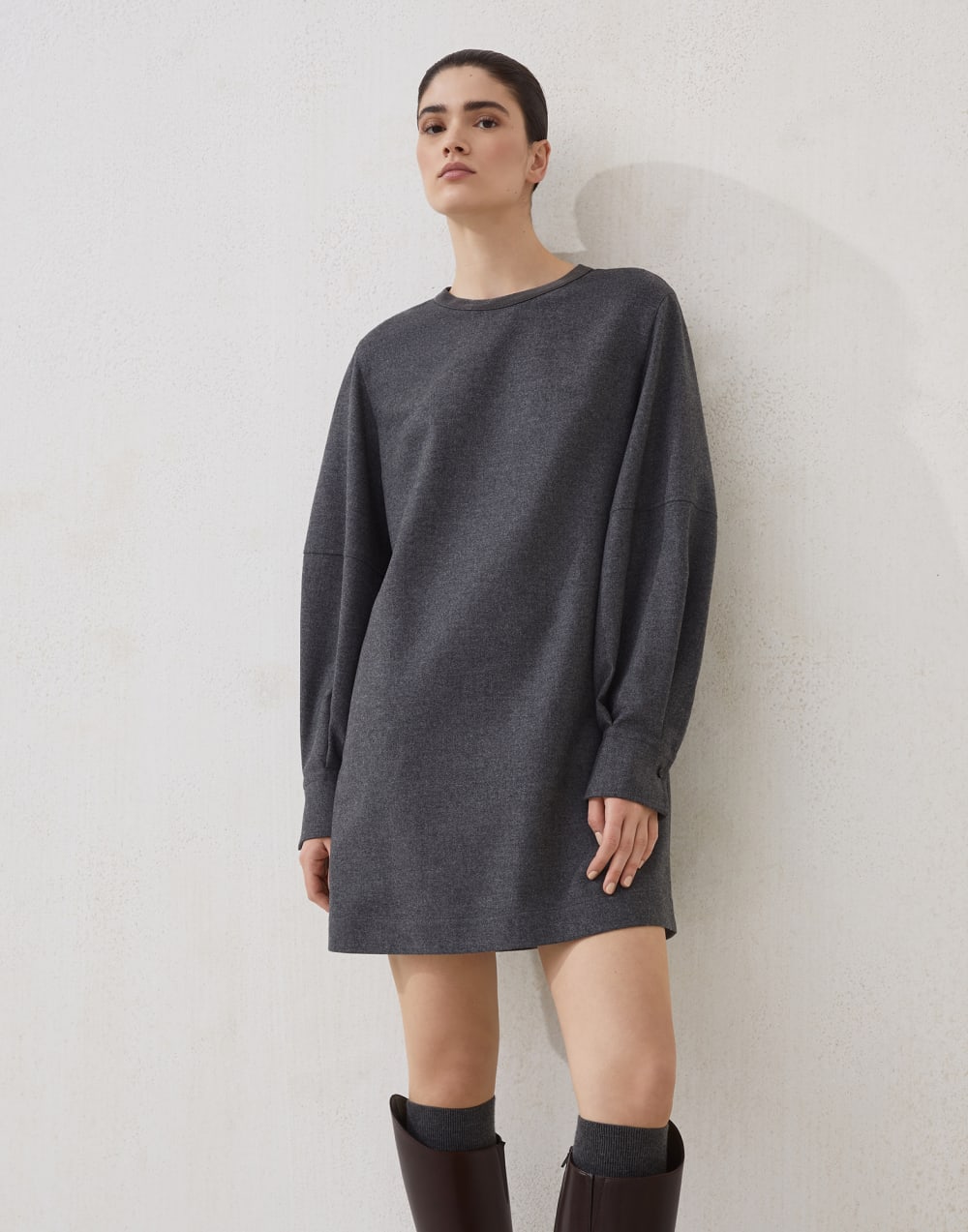 镶珠装饰斜纹法兰绒连衣裙 炮铜灰色 女款 - Brunello Cucinelli