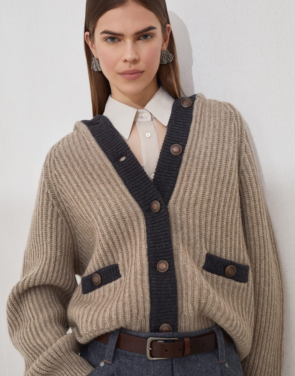 Cashmere Feather yarn cardigan Warm Beige Woman - Brunello Cucinelli