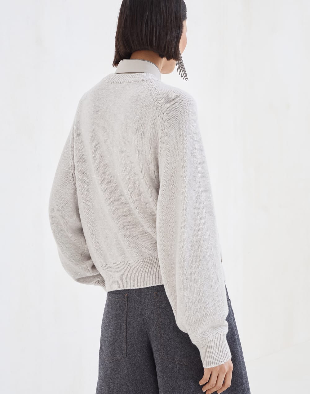 Cashmere and silk diamond yarn sweater Cool Beige Woman - Brunello Cucinelli